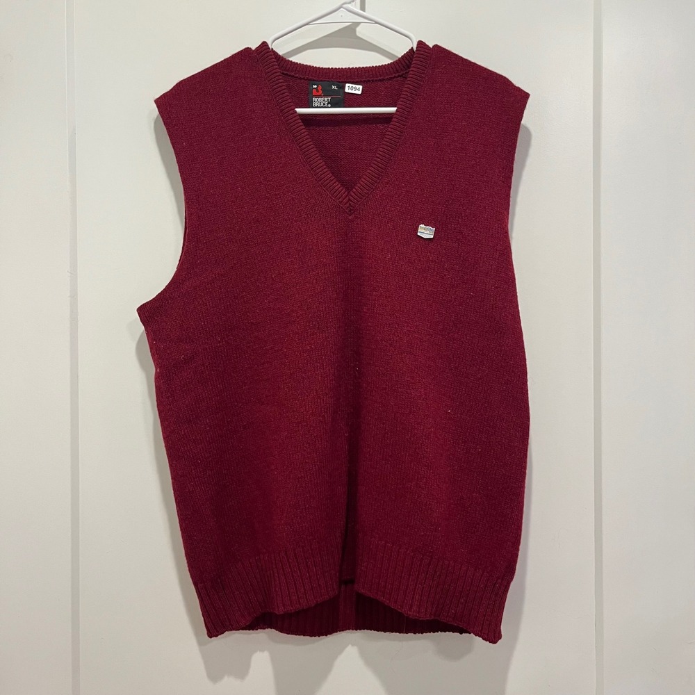 Robert Bruce Vintage Wool Mens Burgundy Red V-Neck Knit Sweater Vest XL Burgundy